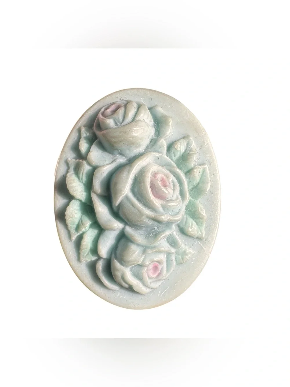 Oval Rose Floral Brooch Pin Pastel Aqua Pink Raised Flowers